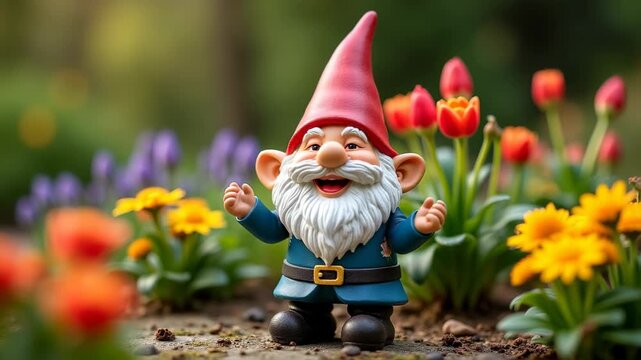Garden gnome statue flowers surrounding, spring summer lawn decoration whimsical, outdoor ornament quirky charming fun