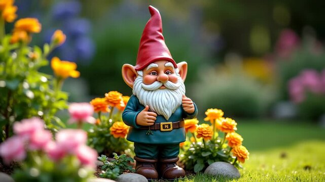 Garden gnome statue flowers surrounding, spring summer lawn decoration whimsical, outdoor ornament quirky charming fun