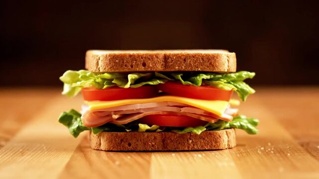 Watch a delicious sandwich assemble itself with fresh ingredients, featuring vibrant lettuce, juicy tomatoes, savory ham, and creamy cheese, perfect for quick meal inspiration.