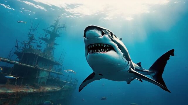 Majestic shark swimming near sunken ship underwater with school of fish