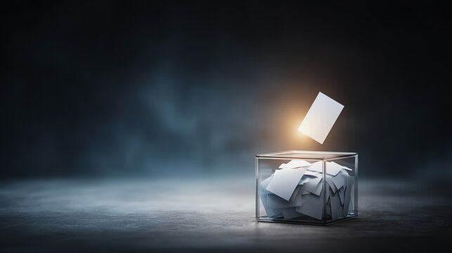 Ballot being cast into transparent box, emphasizing the importance of voting and democratic participation in society.