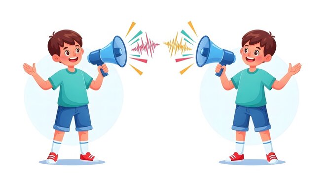 Two cartoon boys communicating with megaphones and colorful speech lines