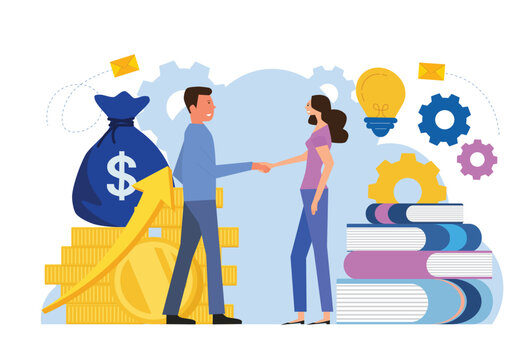 The investor holds money in ideas. financing of creative projects. woman and man business handshake