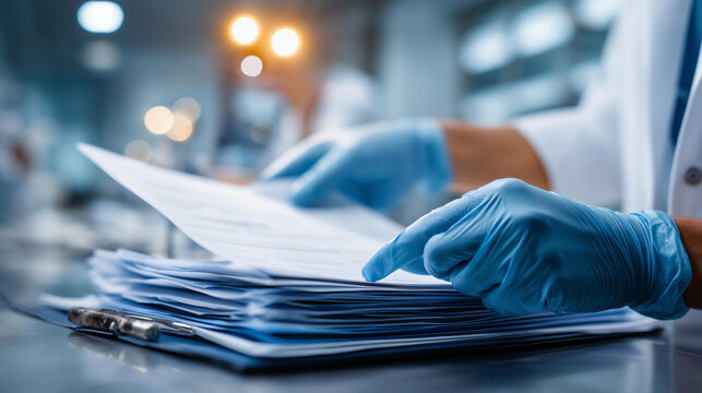 Hands wearing sterile gloves opening compliance documentation fingers with protective equipment handling regulatory papers clean room protocol with systematic document review