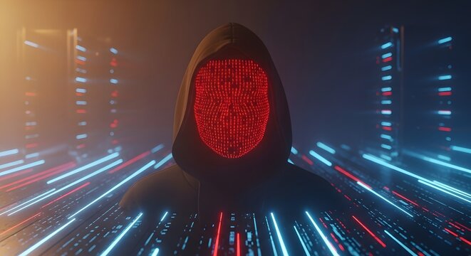 Digital hacker with red matrix face code. Artificial intelligence and cyber warfare security. Hooded silhouette between server racks with blue and red data light trails
