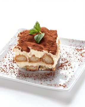 St&uuml;ck Tiramisu auf wei&szlig;em Teller mit Kakaopulver. Klassisches italienisches Dessert aus Mascarponecreme und L&ouml;ffelbiskuit &ndash; s&uuml;&szlig;er Genuss der mediterranen K&uuml;che.