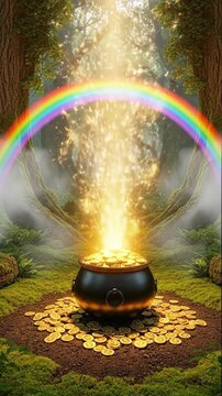 Magical pot of gold surrounded by shimmering coins and a vibrant rainbow in an enchanting forest setting, illuminated by soft light filtering through the trees