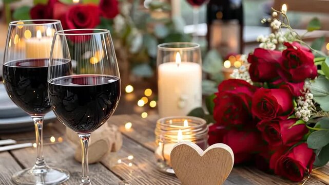 Romantic dinner with red roses, candles, and wine on a wooden table set for a special evening