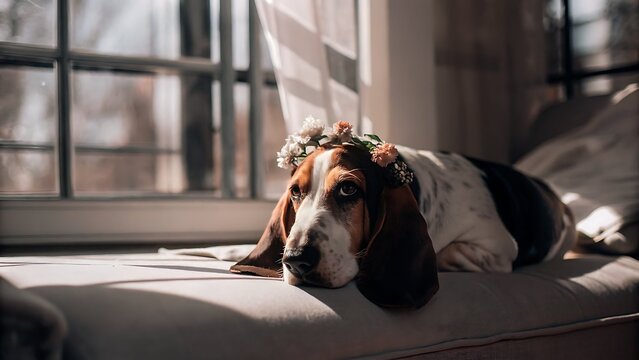 Basset Hound Dog Wearing a Delicate Flower Crown Indoors
