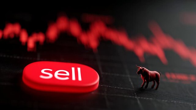 finger pressing red sell button on dark display with red market chart graph symbolizing declining economy recession