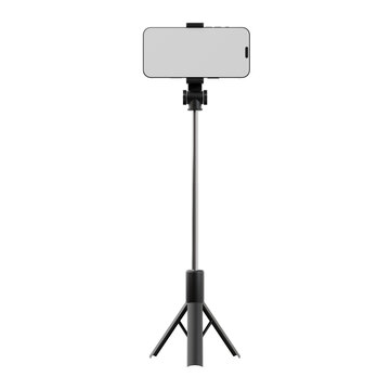 Front-view 3D render of a smartphone on a black extendable tripod. Vertically centered on a transparent background for mobile photography and vlogging mockups.