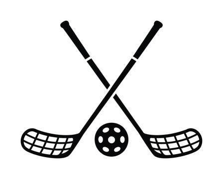 Black vector graphic of floorball sticks crossed with a ball at the center