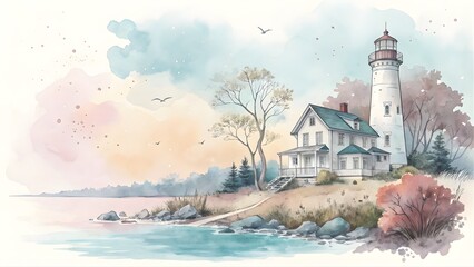 Watercolor Lighthouse Haven