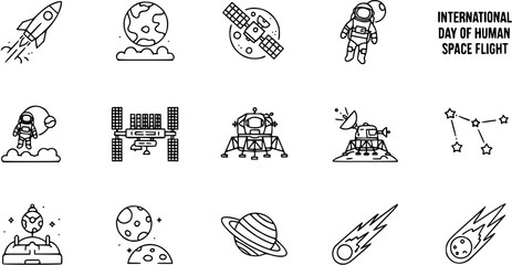 International Day of Human Space Flight with Space Exploration and Astronomy Line Art Icons © pixraw