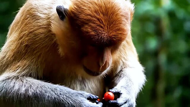 Observe a captivating proboscis monkey in its natural habitat. This close-up captures the primate's thoughtful gaze and unique facial features amidst lush greenery.