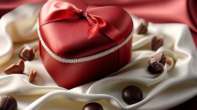 Gifts for special moments with a heart-shaped box of chocolates on a soft fabric backdrop