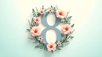 Number 8 wreath of flowers and leaves, pastel colors