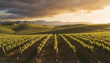 Naklejka premium Drone aerial view of vineyard rows on hills, agricultural landscape, wine production farming, rural countryside, precision agriculture and land cultivation