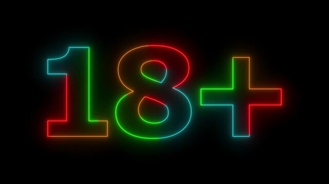 Neon Glowing 18 Plus Symbol Animation on Dark Background.
