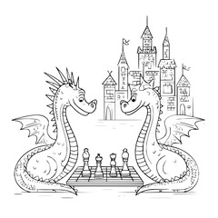 Obraz premium Two Dragons Playing Chess in Front of Castle