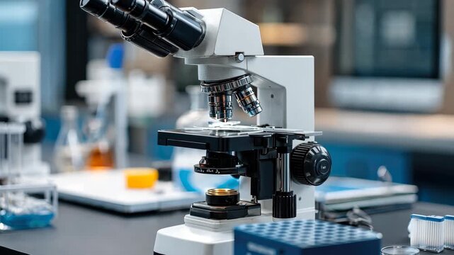 Exploring the details of a laboratory setup with a microscope showing samples and various equipment used for experiments