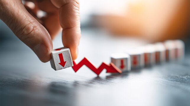 placing cube with cost and red arrow downward on surface showing concept of financial management and recession control with copy space financial management, recession control, profit growth, 