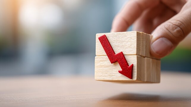 cube with cost and red downward arrow held by hand symbolizing economic reform and business sustainability with copy space economic reform, business sustainability, profit maximization, cost 