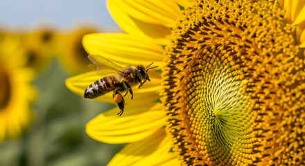 Honey bee flying near blooming sunflower, macro pollen detail, pollination, summer nature, bright yellow petals, natural ecosystem scene.