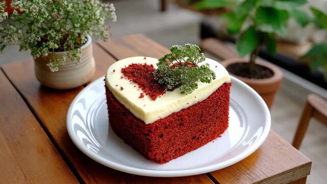 Enjoying a red velvet heart cake with white icing on a wooden table at a cozy cafe during the afternoon