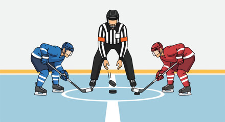 Fototapeta premium Ice hockey game face-off with referee between two players in blue and red uniforms on the rink