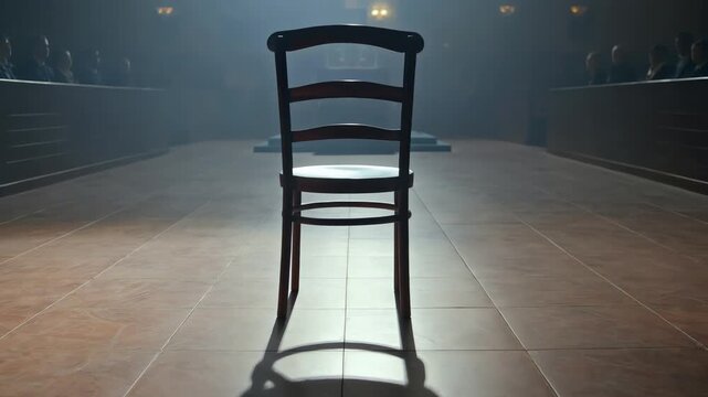 Single wooden chair standing in center of dark courtroom with rows of audience and dramatic spotlight representing legal justice trial or testimony session atmosphere