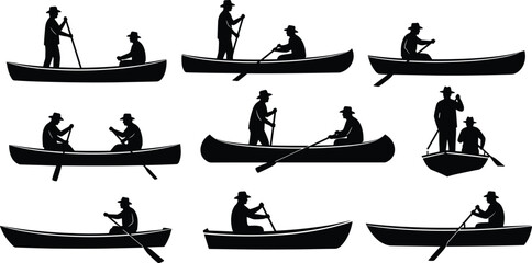 Canoe Silhouette Set Featuring Men Paddling and Fishing in Boat Isolated on White Background for Outdoor Adventure Design © parves's world