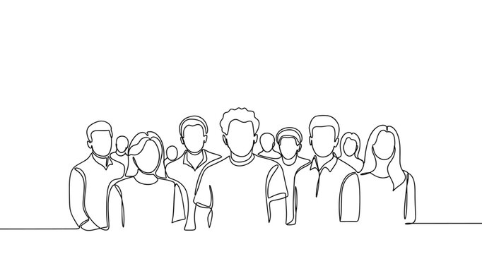 Diverse group of people standing together in line art illustration. No editable stroke