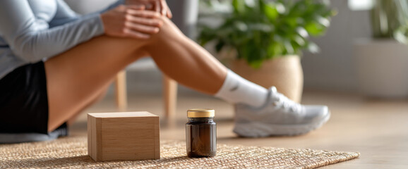 Close-up of a person sitting on the floor with legs crossed near a wooden box and a small amber glass bottle on a woven rug in a bright indoor setting