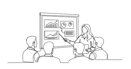 Obraz premium Line drawing of a female presenter showing graphs to a group of male colleagues in a meeting. No editable stroke