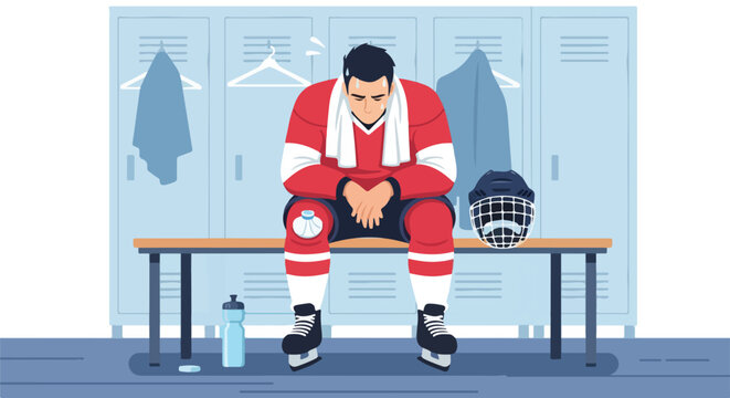 Sad hockey player sitting on a bench in the locker room, head down, feeling dejected after a game. Athlete experiencing disappointment, loss, or a difficult moment.