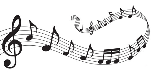 Dynamic spiral of black musical notes and a treble clef winding across a crisp white background vector © Mukti