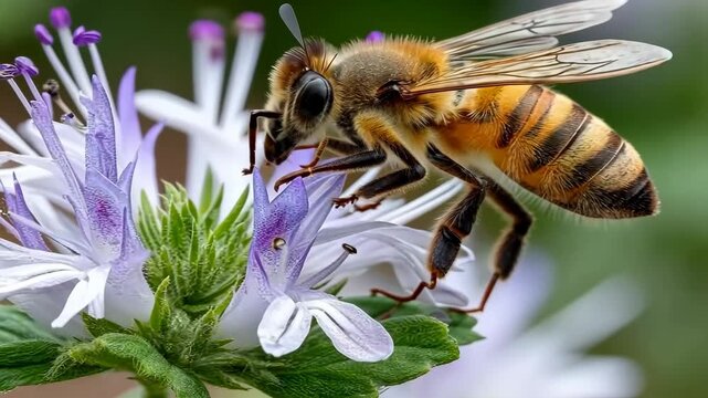 Close-up of a bee collecting nectar from a purple flower in a garden during daylight hours