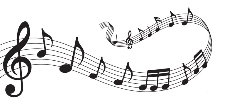 Dynamic spiral of black musical notes and a treble clef winding across a crisp white background vector