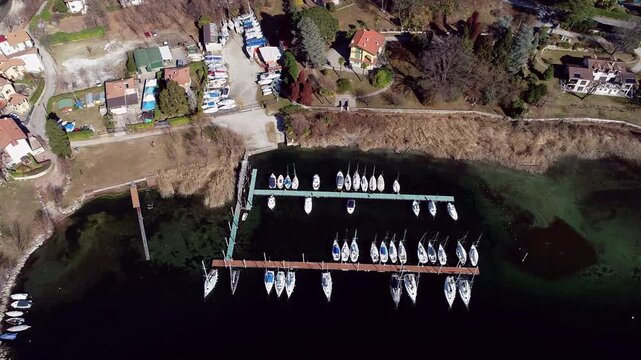 Aerial view of Sasso Moro harbor on Lake Maggiore, province of Varese, Lombardy, Italy