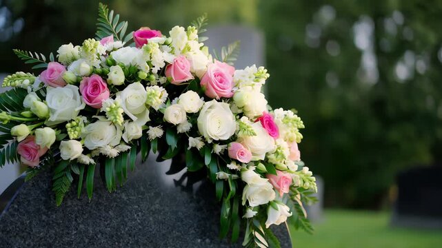 Beautiful bouquet of white and pink roses with green leaves placed on black marble tombstone in cemetery