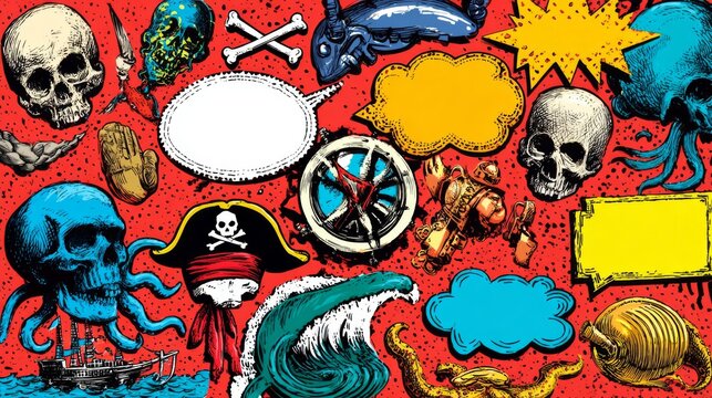Bright and Bold Pirate-Themed Icons with Sea Elements and Fun Speech Bubbles
