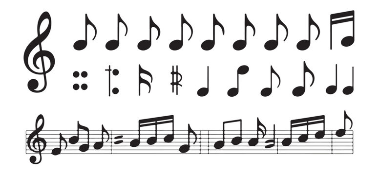 Variety of music notes, symbols and treble clef on staff, detailed musical score elements