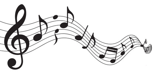 Abstract musical melody trail with treble clef and scattered notes on a fading wave staff for design banners © Mukti