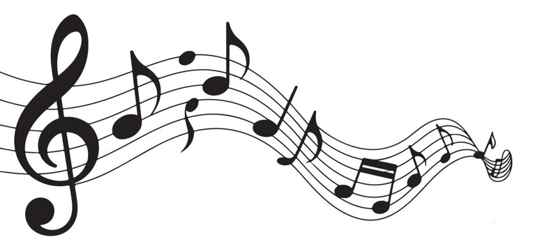 Abstract musical melody trail with treble clef and scattered notes on a fading wave staff for design banners
