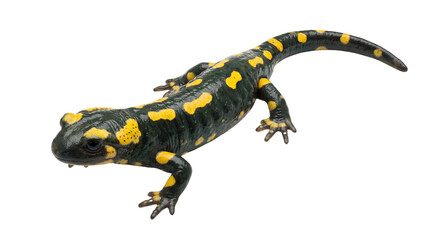 Obraz premium Fire salamander with black skin and bright yellow spots, amphibian reptile isolated PNG with Transparent Background