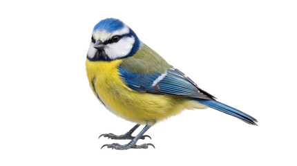 Naklejka premium Eurasian blue tit bird with blue cap, yellow breast, and white cheeks, isolated PNG with Transparent Background