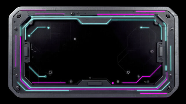 Futuristic sci fi screen, dark metallic frame, neon blue and purple glowing lines, high tech interface, digital display