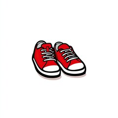 Cartoon-style illustration depicts a pair of red sneakers with white soles, laces, and black outlines
