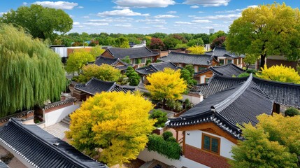 Obraz premium Serene Traditional Architecture with Lush Greenery and Colorful Autumn Foliage in a Peaceful Neighborhood Setting Under a Bright Blue Sky